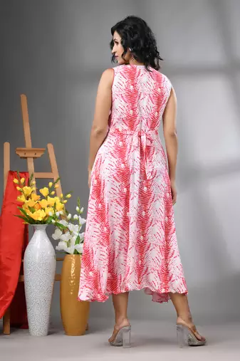 White and red rayon shibori printed ethnic dress