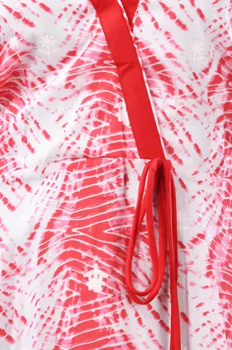White and red rayon shibori printed ethnic dress