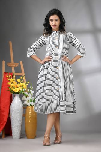 White cotton midi dress with stripe pattern