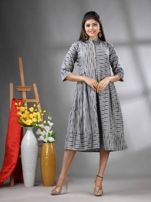Grey cotton midi dress with stripe pattern 1