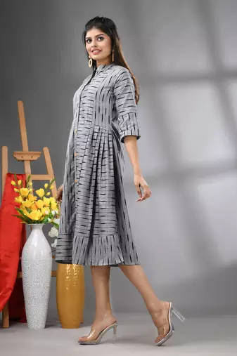 Grey cotton midi dress with stripe pattern