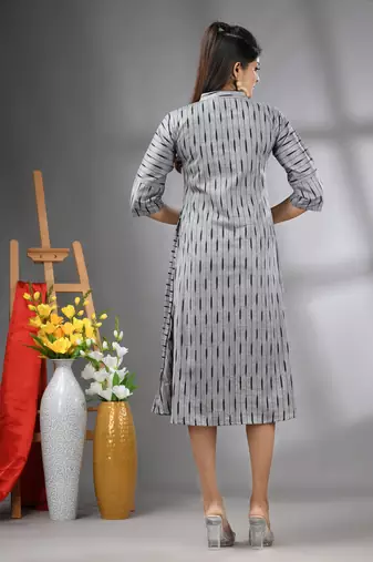 Grey cotton midi dress with stripe pattern