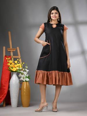 Black cotton solid a-line ethnic dress with ruffle 1