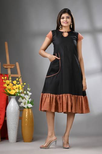 Black cotton solid a-line ethnic dress with ruffle