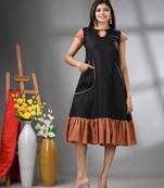 Black cotton solid a-line ethnic dress with ruffle
