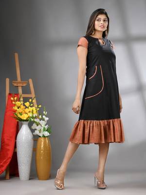 Black cotton solid a-line ethnic dress with ruffle 2