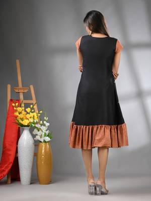 Black cotton solid a-line ethnic dress with ruffle 3