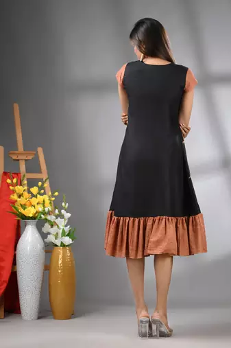 Black cotton solid a-line ethnic dress with ruffle