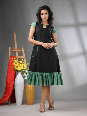Black cotton solid a-line ethnic dress with ruffle 1
