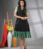 Black cotton solid a-line ethnic dress with ruffle