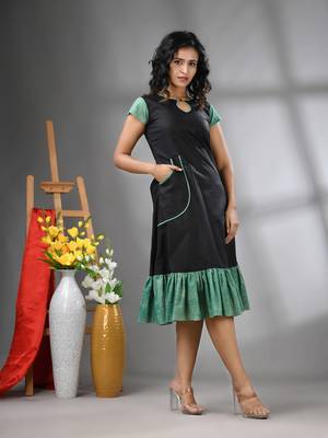 Black cotton solid a-line ethnic dress with ruffle 2
