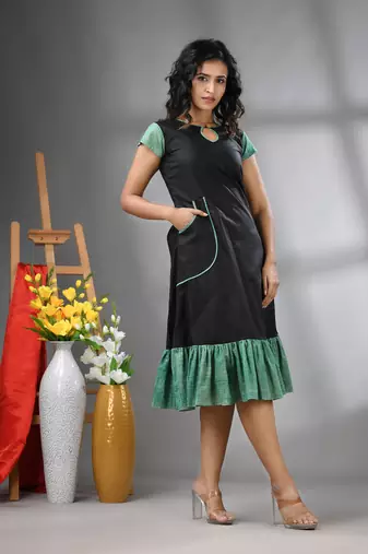 Black cotton solid a-line ethnic dress with ruffle