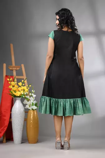 Black cotton solid a-line ethnic dress with ruffle