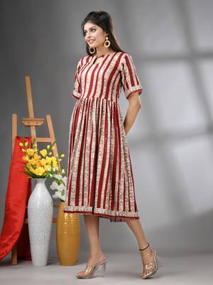 Dark red rayon midi dress with sequence work 2