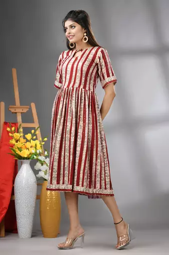 Dark red rayon midi dress with sequence work