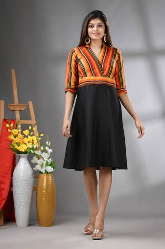 Multicolor and black cotton blend flared midi dress