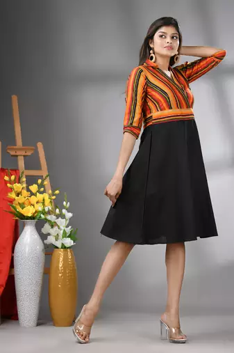 Multicolor and black cotton blend flared midi dress