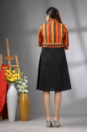 Multicolor and black cotton blend flared midi dress
