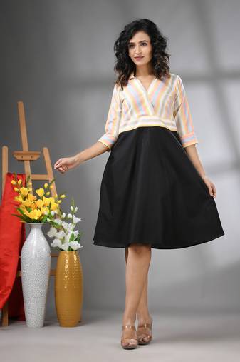 Multicolor and black cotton blend flared midi dress