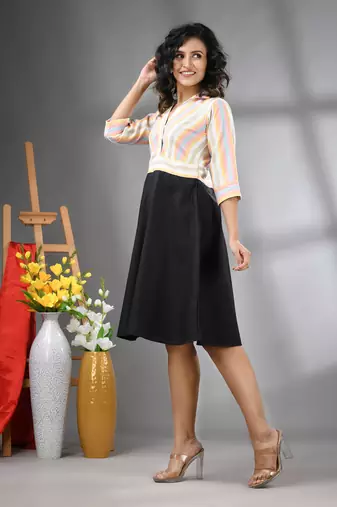 Multicolor and black cotton blend flared midi dress