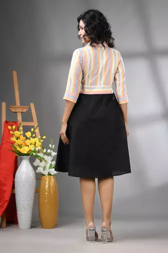 Multicolor and black cotton blend flared midi dress
