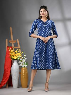 Navy blue cotton printed a-line ethnic dress 1