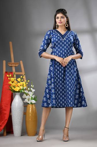 Navy blue cotton printed a-line ethnic dress