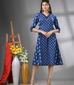 Navy blue cotton printed a-line ethnic dress