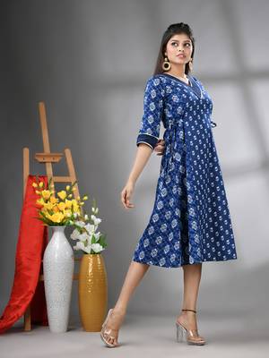 Navy blue cotton printed a-line ethnic dress 2
