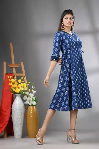 Navy blue cotton printed a-line ethnic dress