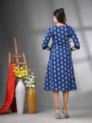 Navy blue cotton printed a-line ethnic dress 3