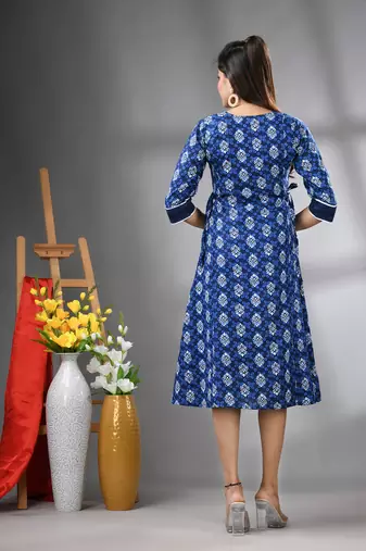 Navy blue cotton printed a-line ethnic dress