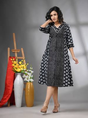 Black cotton bandhani printed a-line ethnic dress 1