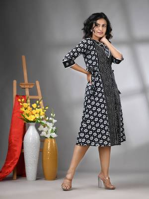 Black cotton bandhani printed a-line ethnic dress 2