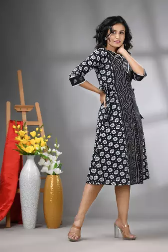 Black cotton bandhani printed a-line ethnic dress