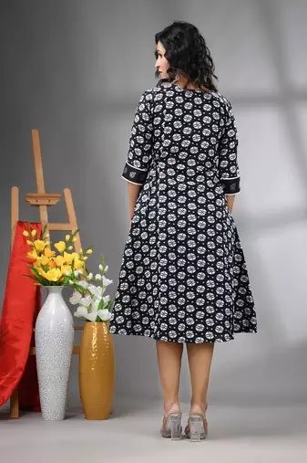 Black cotton bandhani printed a-line ethnic dress