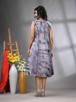 Grey rayon abstract printed a-line ethnic dress 3