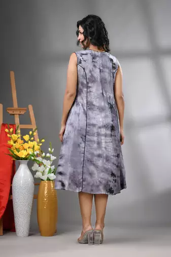 Grey rayon abstract printed a-line ethnic dress