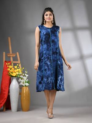 Navy blue rayon abstract printed a-line ethnic dress 1