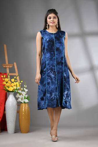 Navy blue rayon abstract printed a-line ethnic dress