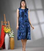 Navy blue rayon abstract printed a-line ethnic dress