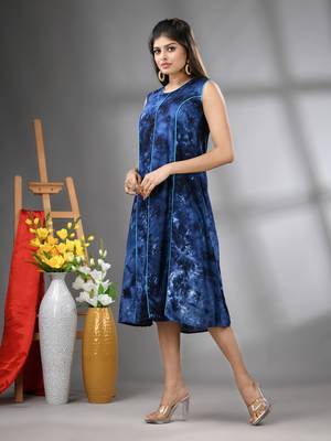 Navy blue rayon abstract printed a-line ethnic dress 2