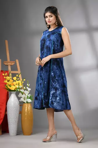 Navy blue rayon abstract printed a-line ethnic dress