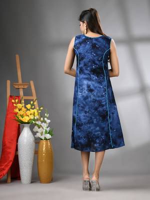 Navy blue rayon abstract printed a-line ethnic dress 3