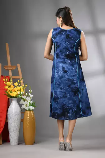 Navy blue rayon abstract printed a-line ethnic dress