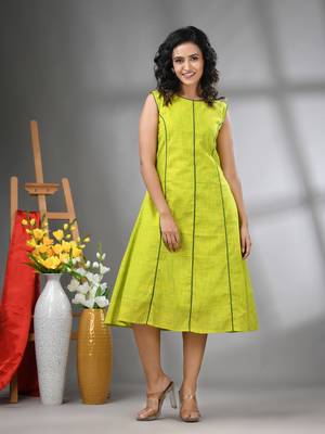 Lime green cotton solid a-line ethnic dress 1