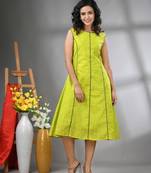 Lime green cotton solid a-line ethnic dress