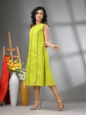 Lime green cotton solid a-line ethnic dress 2