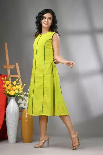 Lime green cotton solid a-line ethnic dress
