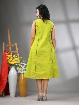 Lime green cotton solid a-line ethnic dress 3